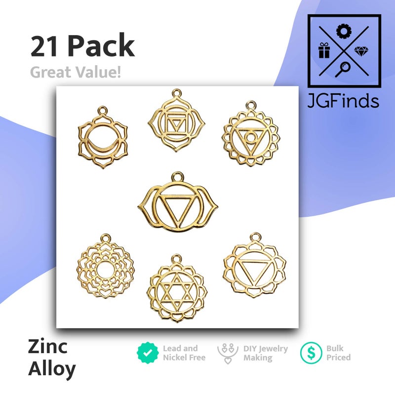 JGFinds Indian Chakra Energy Charms - 21 Pieces, 3 of Each Gold Tone DIY Jewelry Making Supplies - Image 3